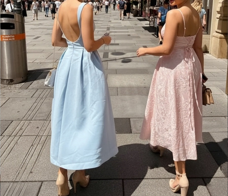 Y2K Spaghetti Strap Midi Prom Dresses with Floral Jacquard