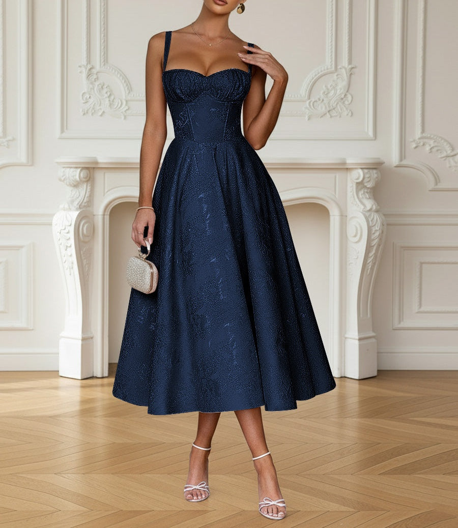 Y2K Spaghetti Strap Midi Prom Dresses with Floral Jacquard