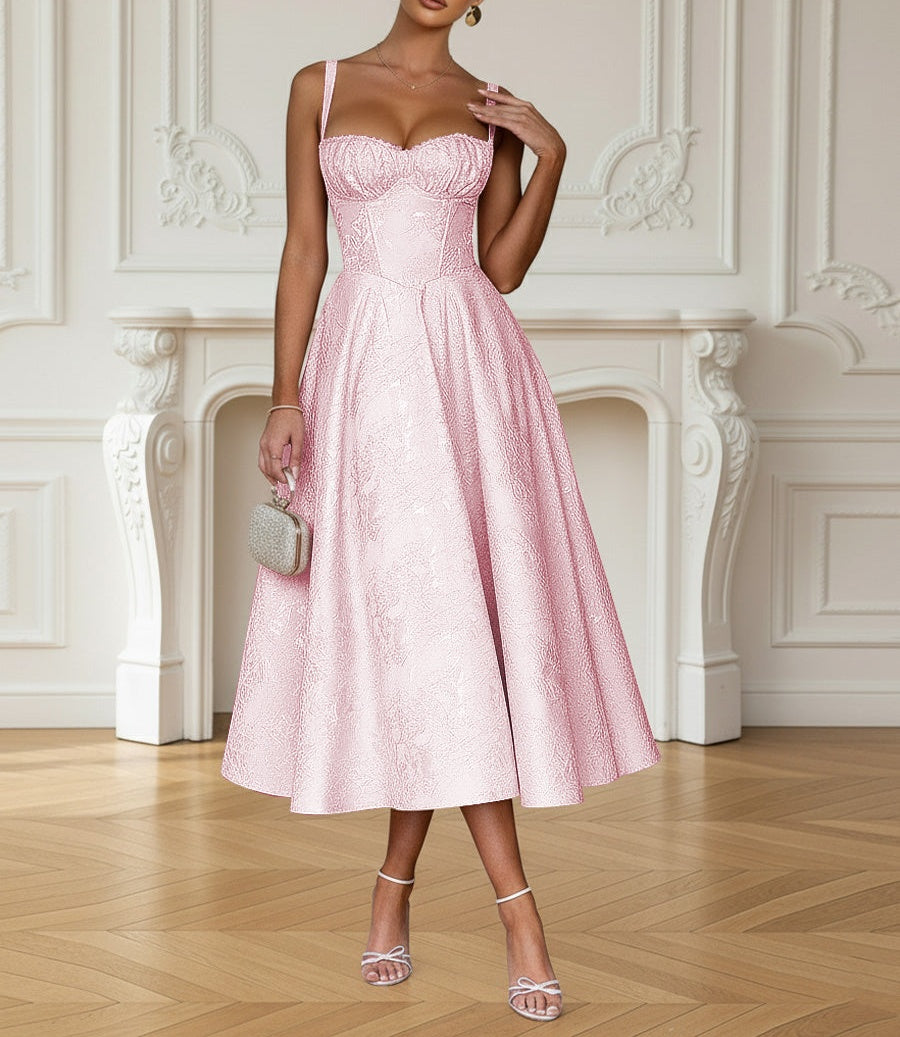 Y2K Spaghetti Strap Midi Prom Dresses with Floral Jacquard