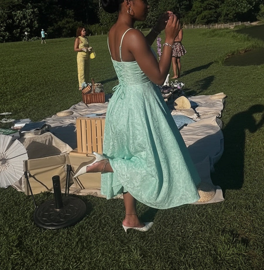 Y2K Spaghetti Strap Midi Prom Dresses with Floral Jacquard