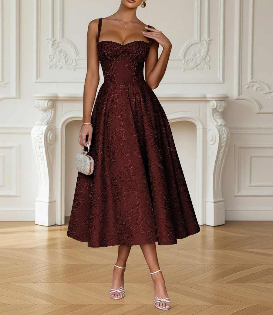 Y2K Spaghetti Strap Midi Prom Dresses with Floral Jacquard