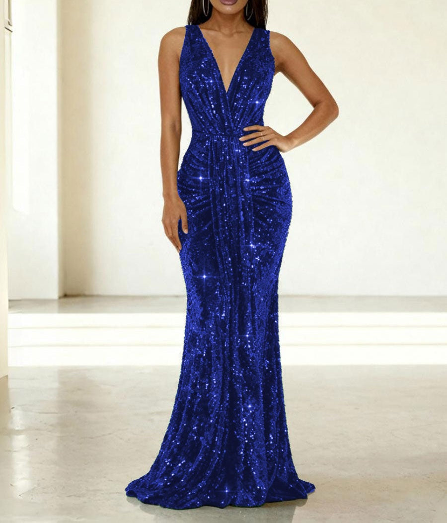 Mermaid/Trumpet V-Neck Ruched Floor-Length Formal Evening Dresses with Sparkly Sequin