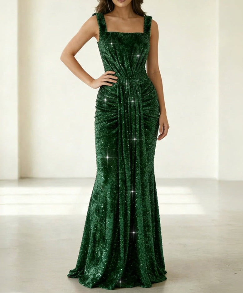 Mermaid/Trumpet Square Neck Ruched Floor-Length Formal Evening Dresses with Sparkly Sequin
