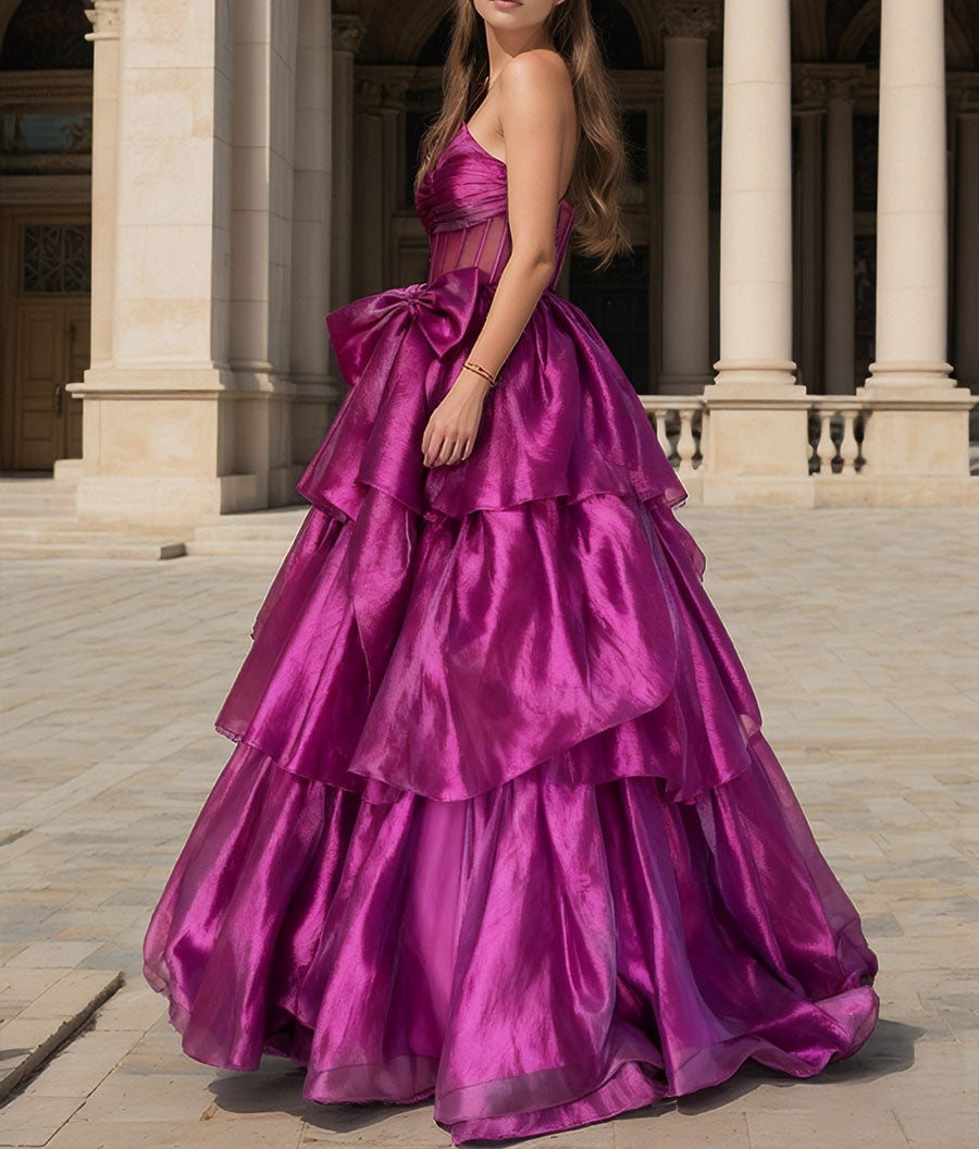 A-Line/Princess Sleeveless Tiered Floor-Length Formal Prom Dresses with Bow