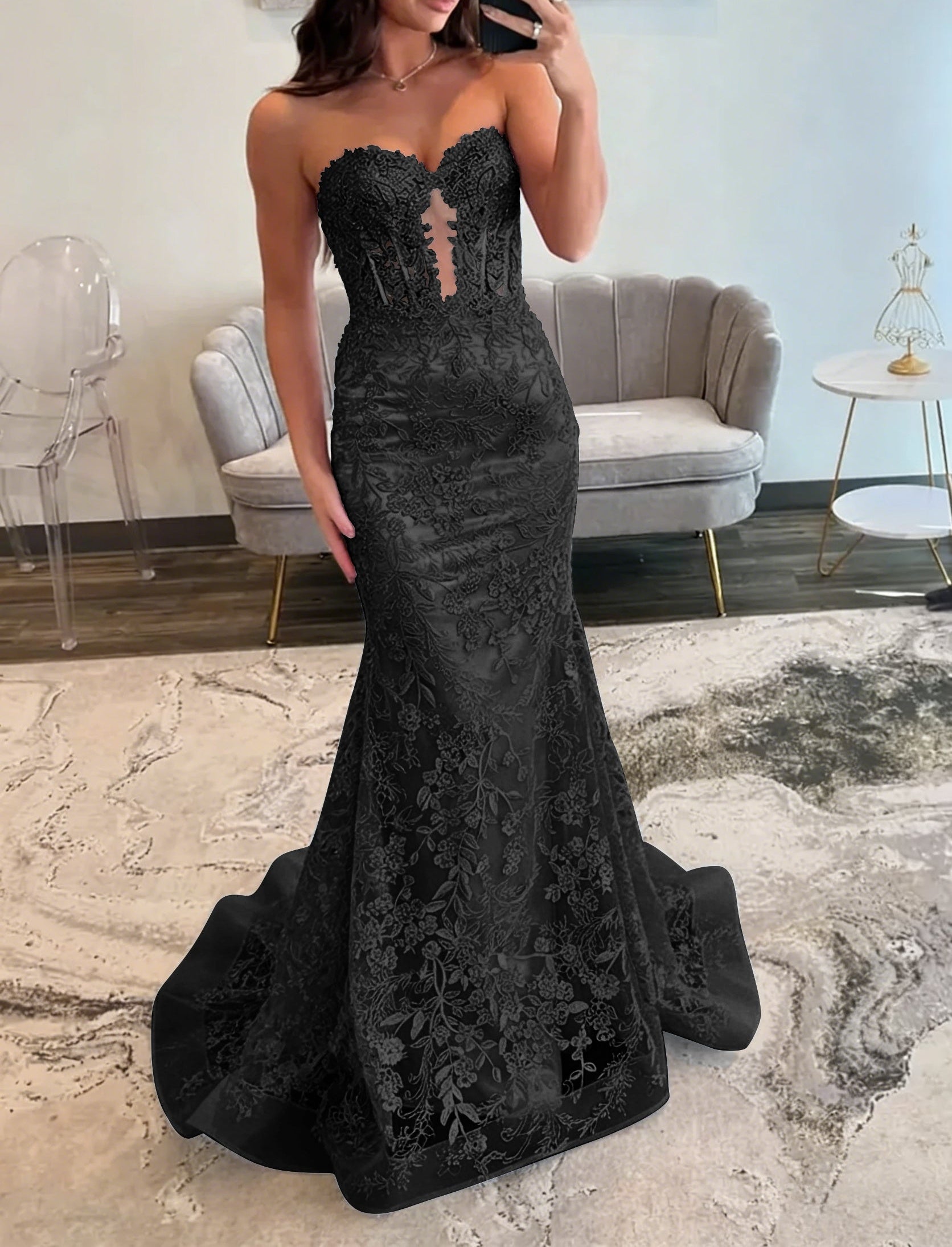 Lace Applique One Shoulder Long Prom Dresses Tiered Evening Gowns