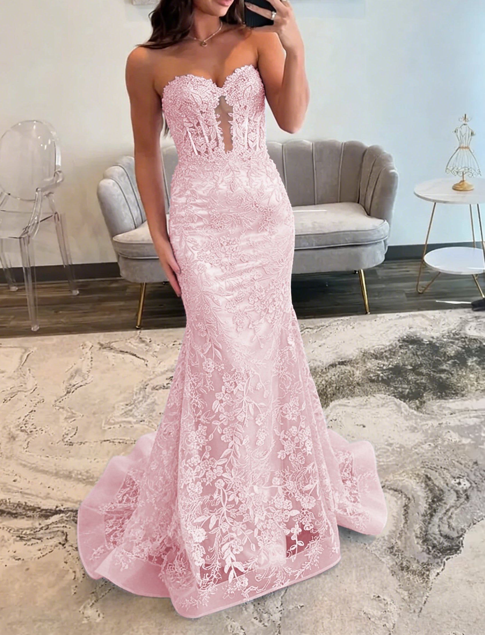 Lace Applique One Shoulder Long Prom Dresses Tiered Evening Gowns