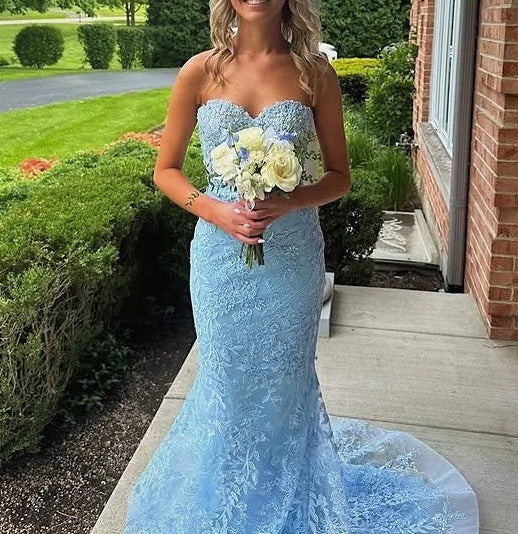 Lace Applique One Shoulder Long Prom Dresses Tiered Evening Gowns
