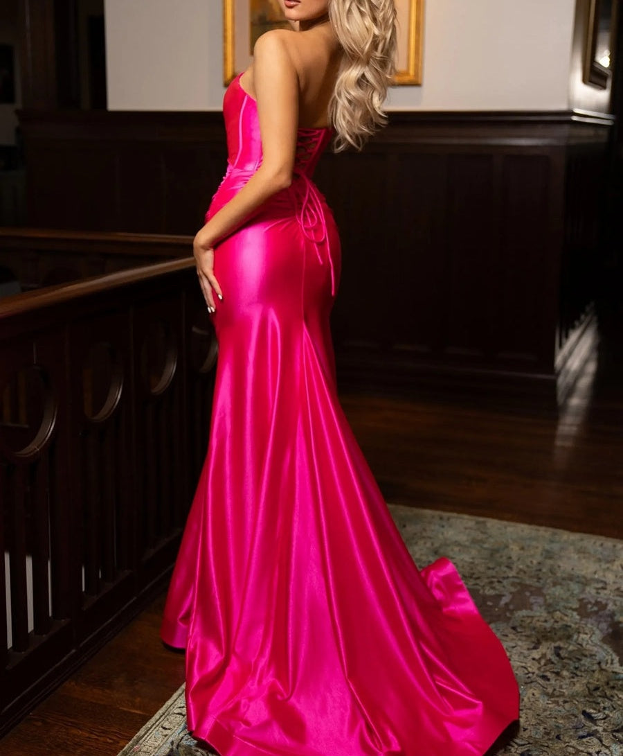 Strapless Ruched Waist Satin Long Prom Dresses with Side Slit
