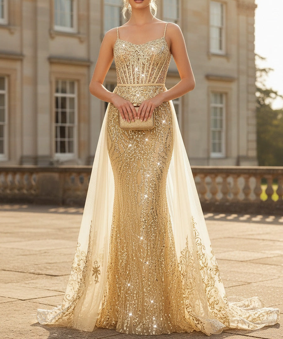Mermaid Sparkly Spaghetti Strap Floor-Length Prom Dresses with Train