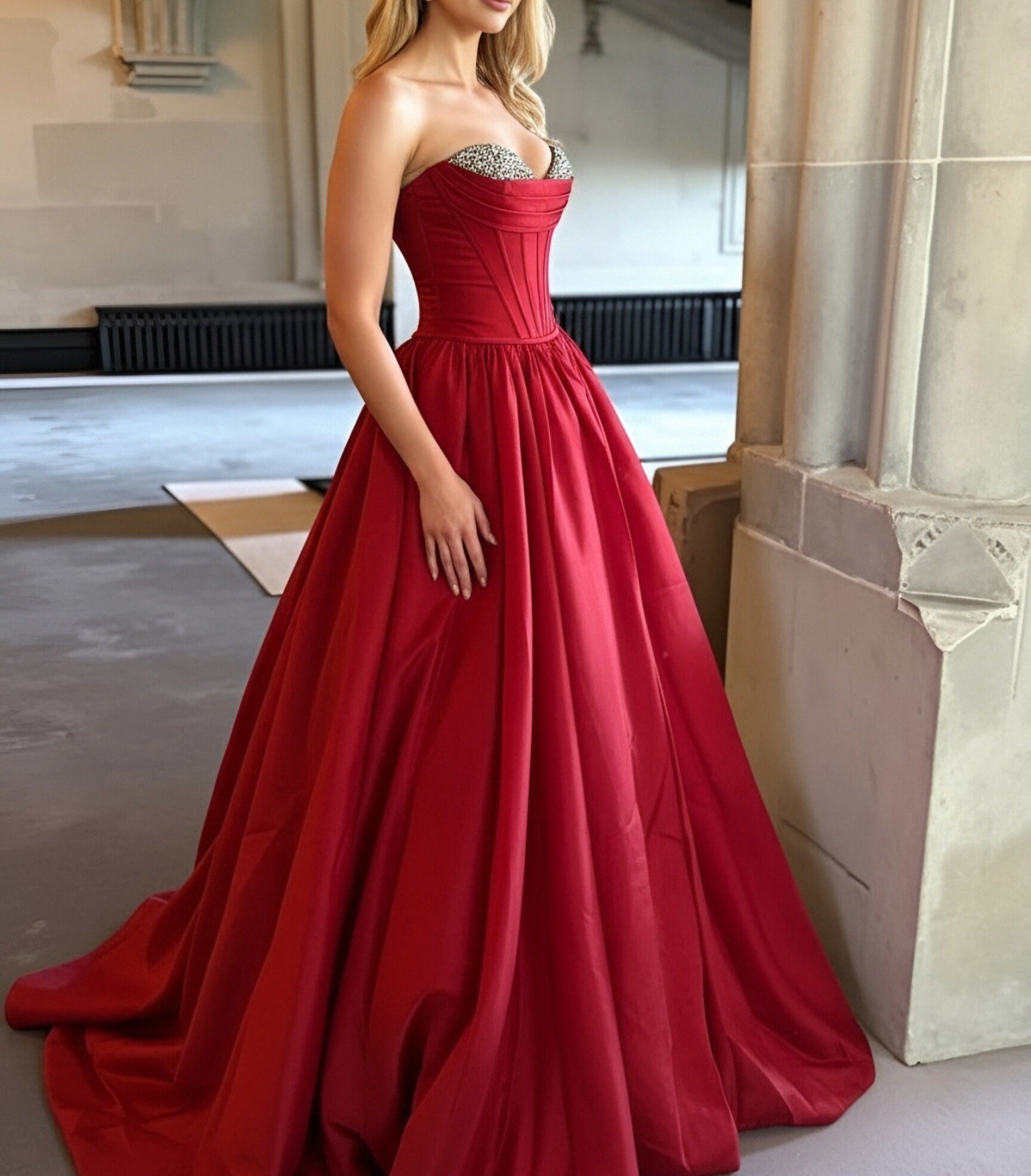 A-Line/Princess Satin Sweetheart Neck Floor-Length Corset Prom Dresses with Sequin