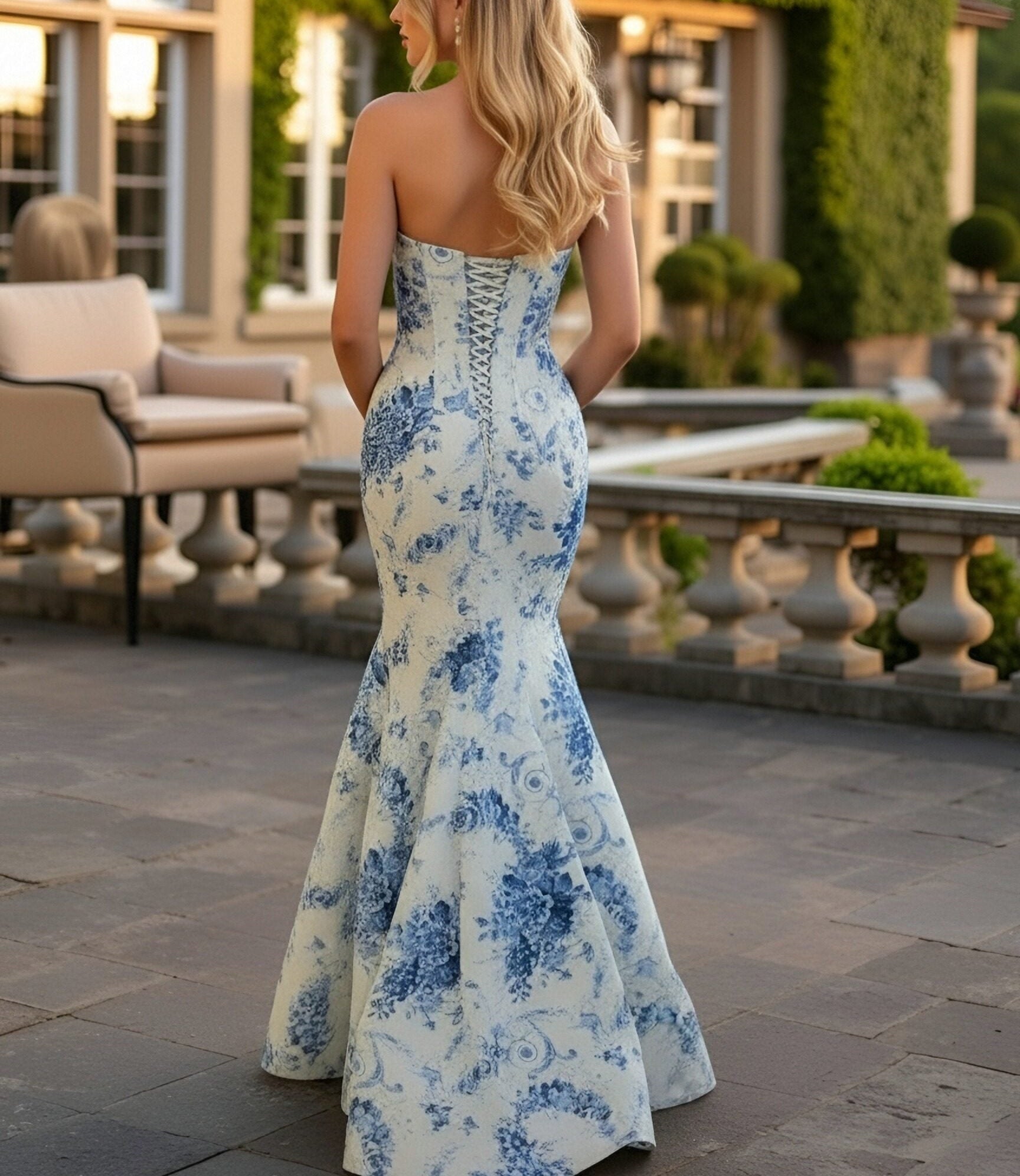 Mermaid Cowl Neck Floral Print Sleeveless Floor Length Prom Gown