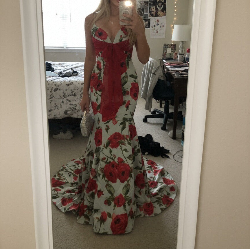 Mermaid Plunging Neck Floral Print Floor Length Prom Dresses with Bow