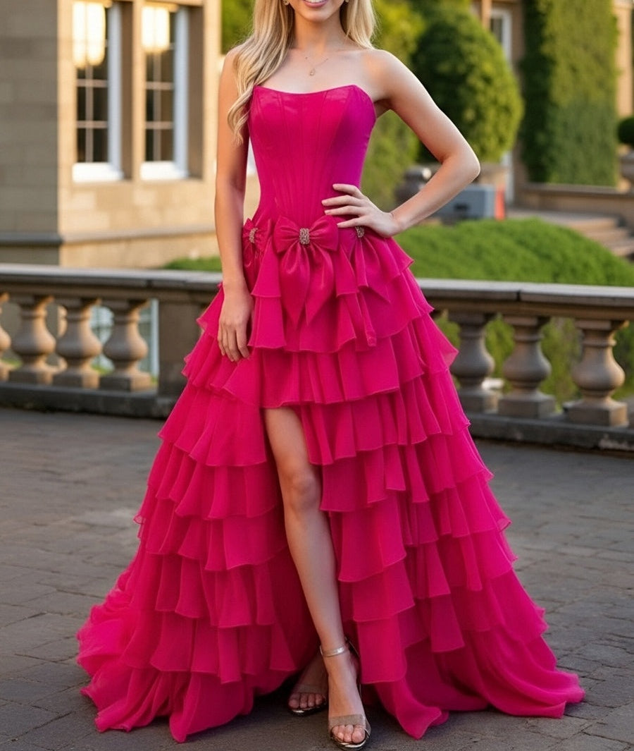 A-Line/Princess Tiered Strapless Floor Length Prom Dresses with Bows