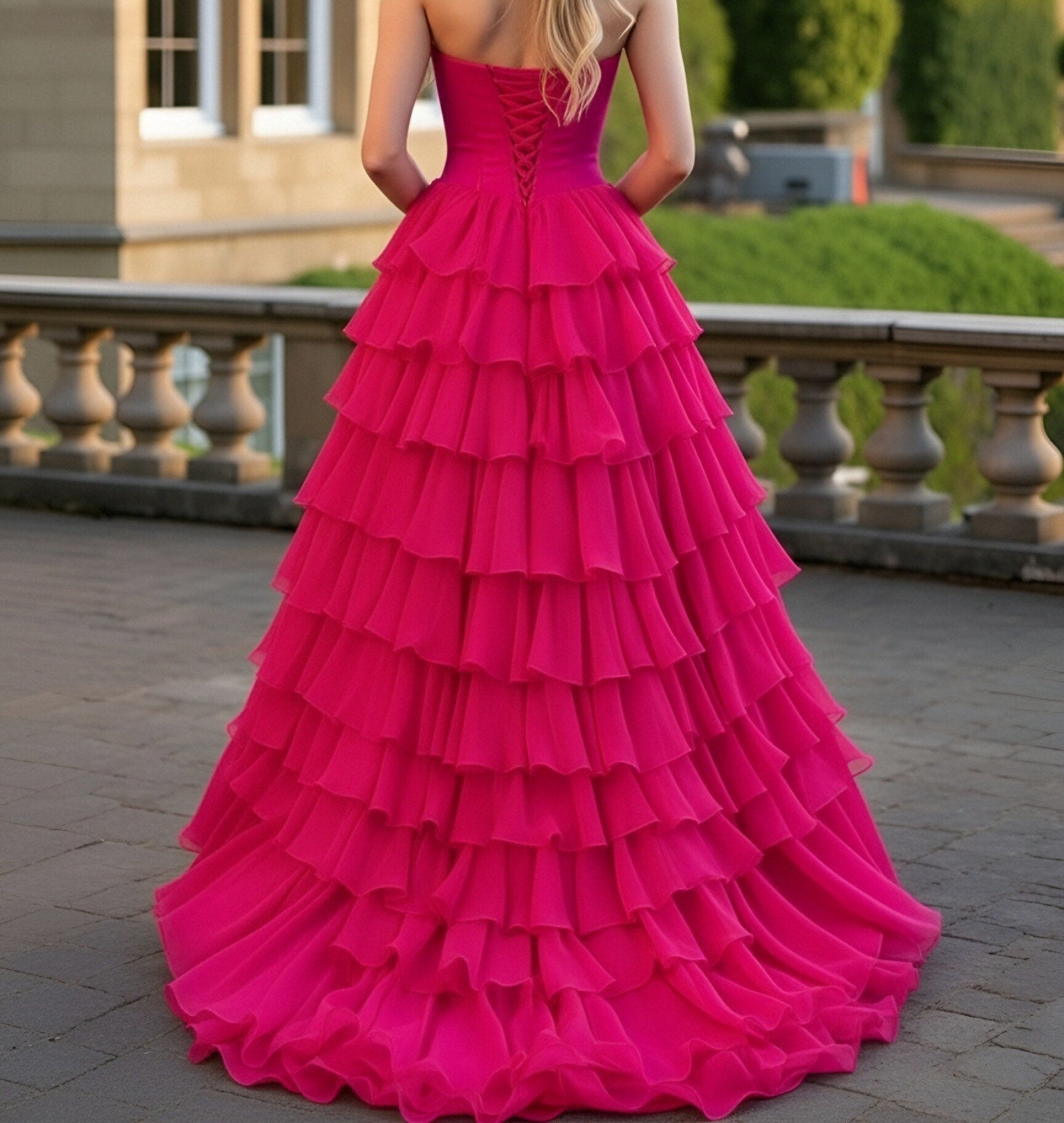 A-Line/Princess Tiered Strapless Floor Length Prom Dresses with Bows