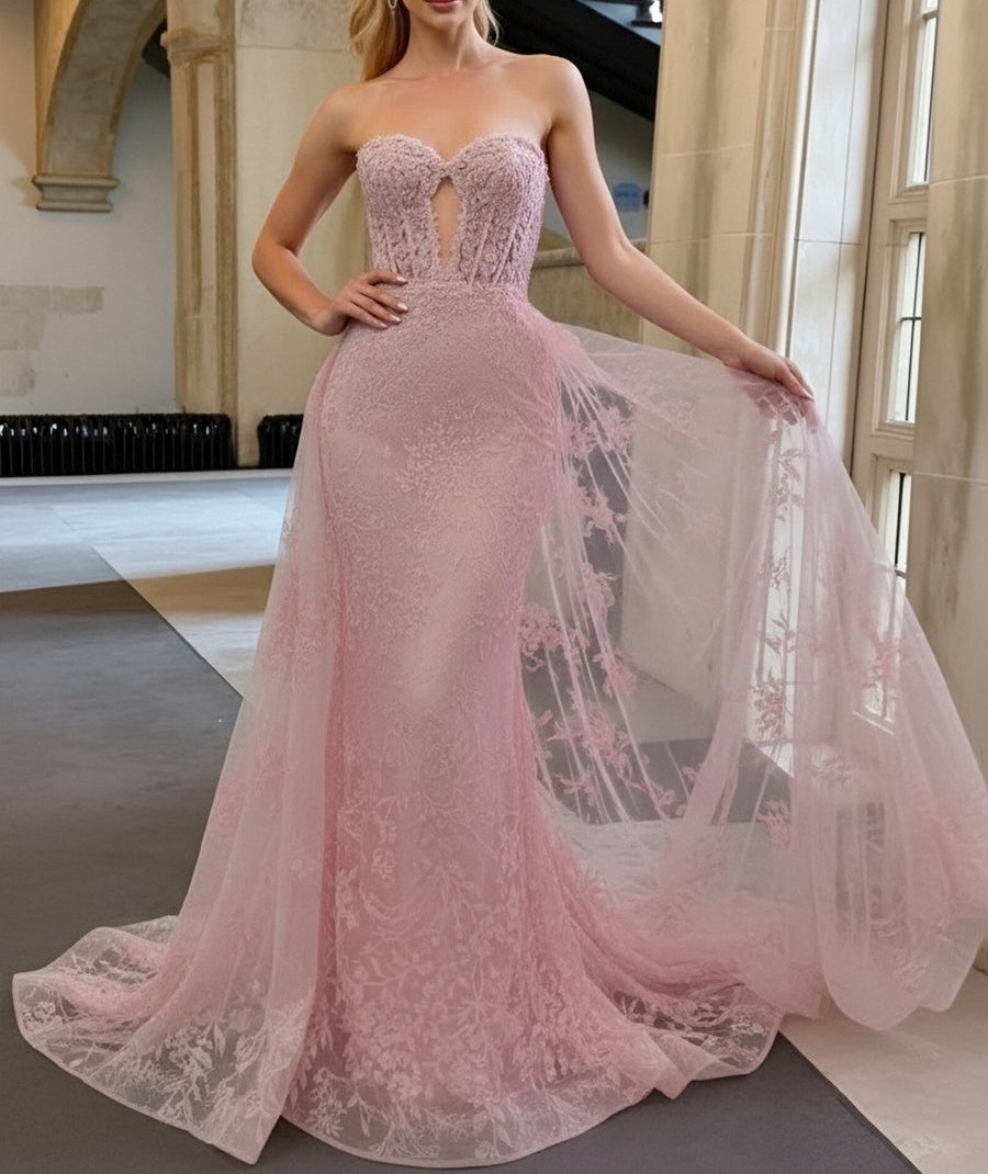 Mermaid Sweetheart Neck Cut Out Maxi Formal Prom Dresses with Applique Train