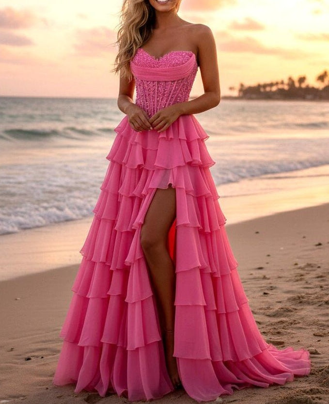 A-Line/Princess Tiered Strapless Floor Length Prom Dresses with Lace Applique