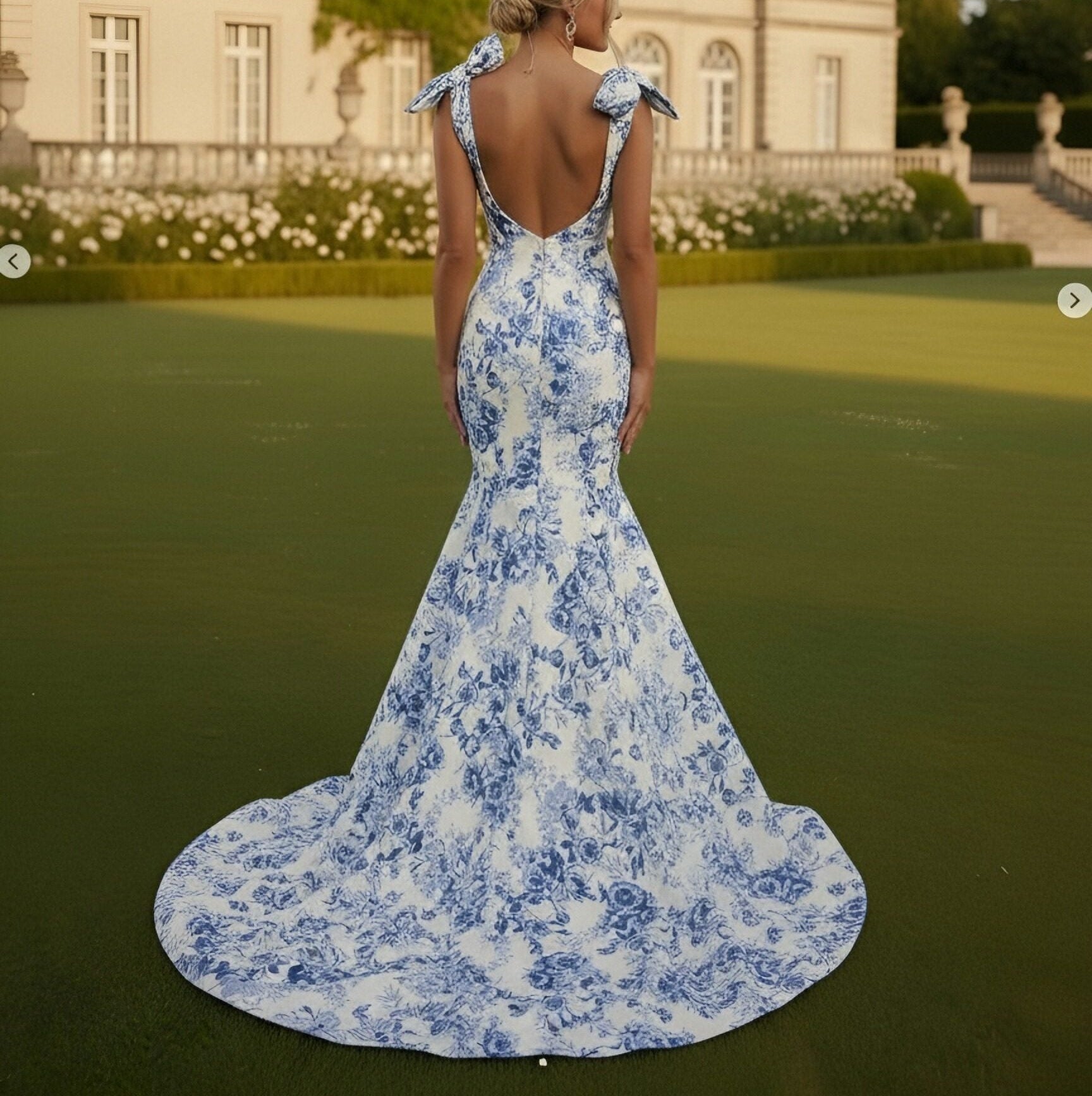 Mermaid/Trumpet Strapless Print Flower Floor Length Prom Dresses with Bows