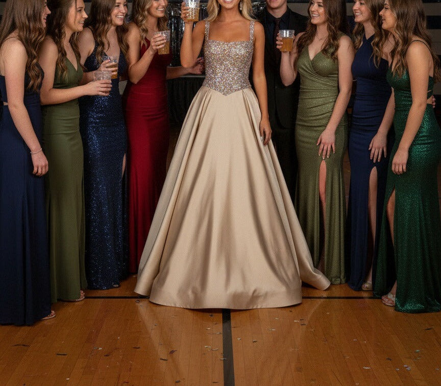 A-Line/Princess Square Neck Glitter Floor Length Prom Dresses with Sequin