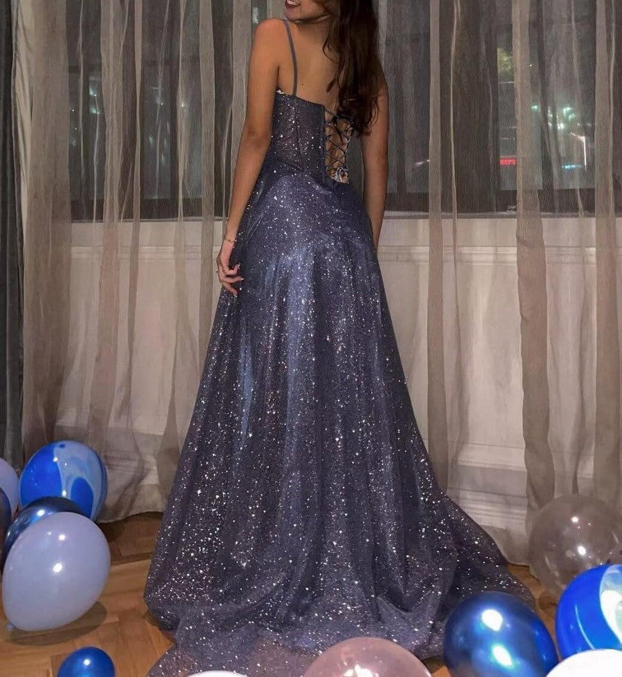 A-Line/Princess Spaghetti Strap Cowl Neck Floor-Length Prom Dresses Sparkly Evening Gown