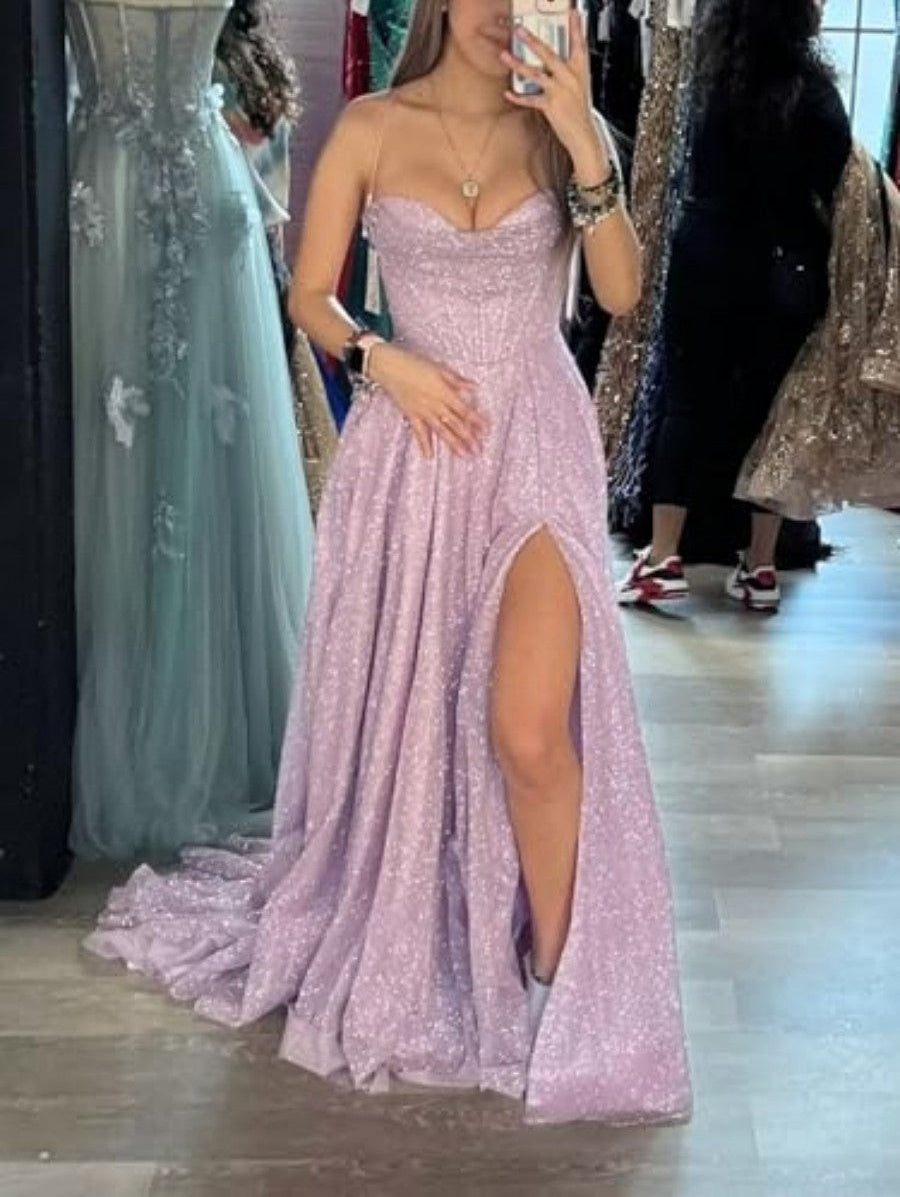 A-Line/Princess Spaghetti Strap Cowl Neck Floor-Length Prom Dresses Sparkly Evening Gown