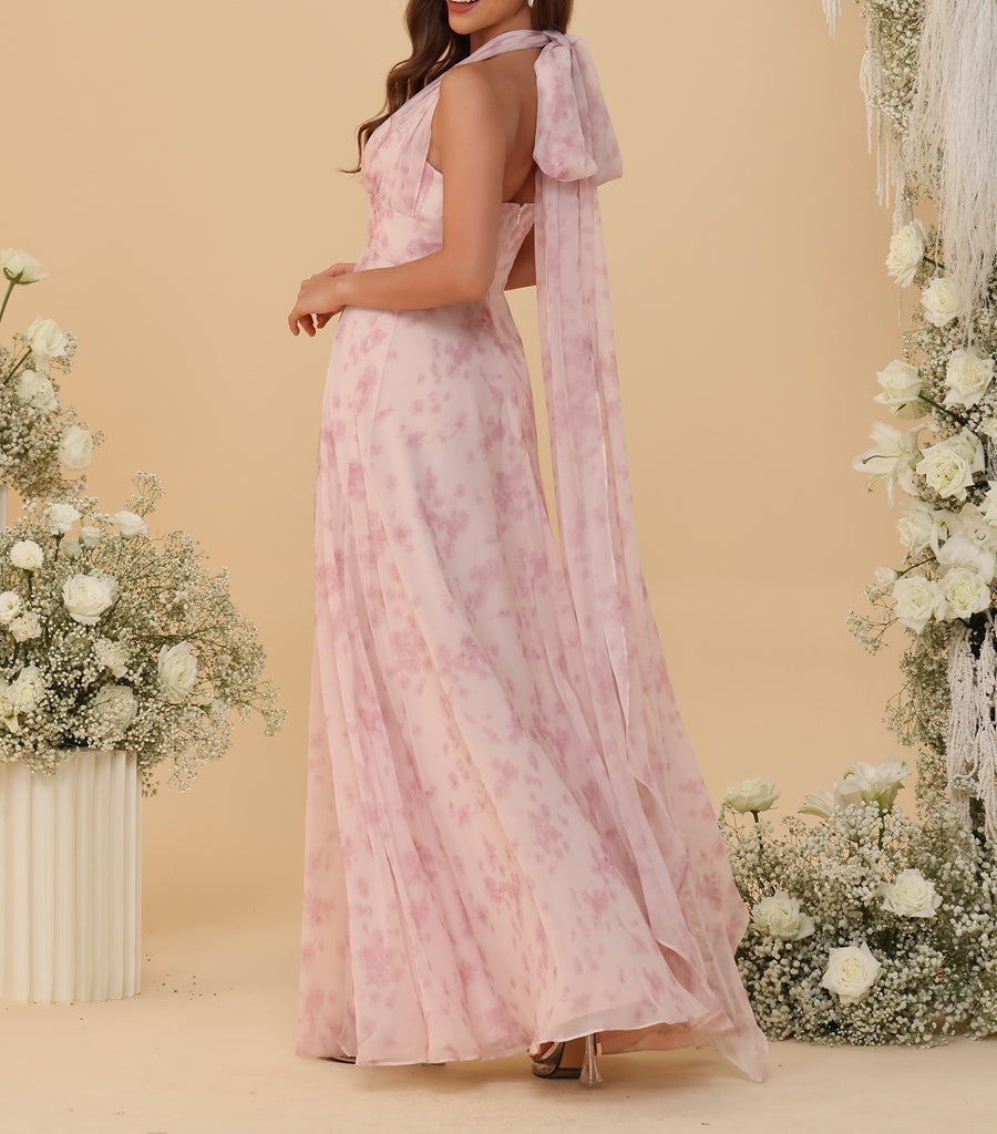 A-Line/Princess Ruched Floor-Length Convertible Bridesmaid Dresses with Floral Print