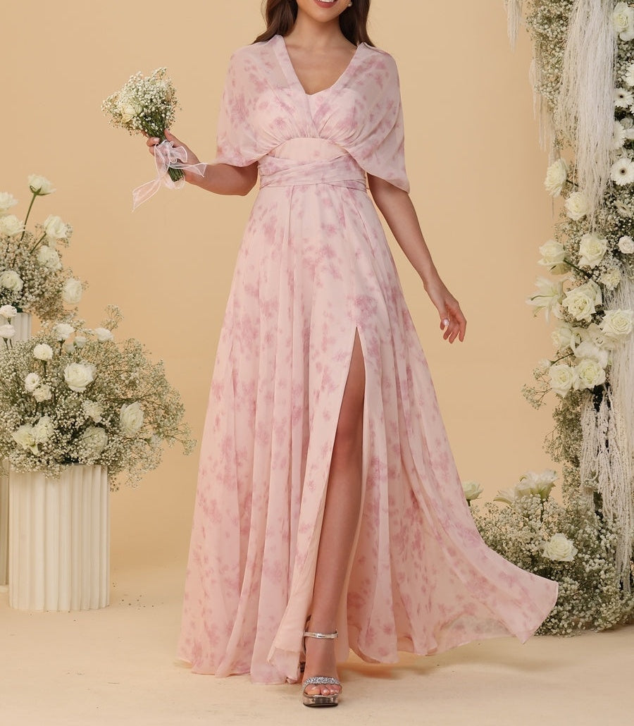 A-Line/Princess Ruched Floor-Length Convertible Bridesmaid Dresses with Floral Print