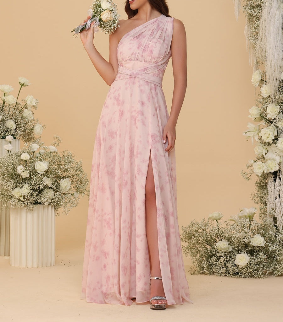 A-Line/Princess Ruched Floor-Length Convertible Bridesmaid Dresses with Floral Print