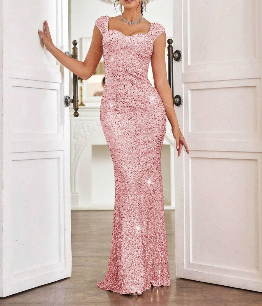 Sheath/Column Cap Sleeve Floor-Length Formal Dresses with Sparkly Sequin