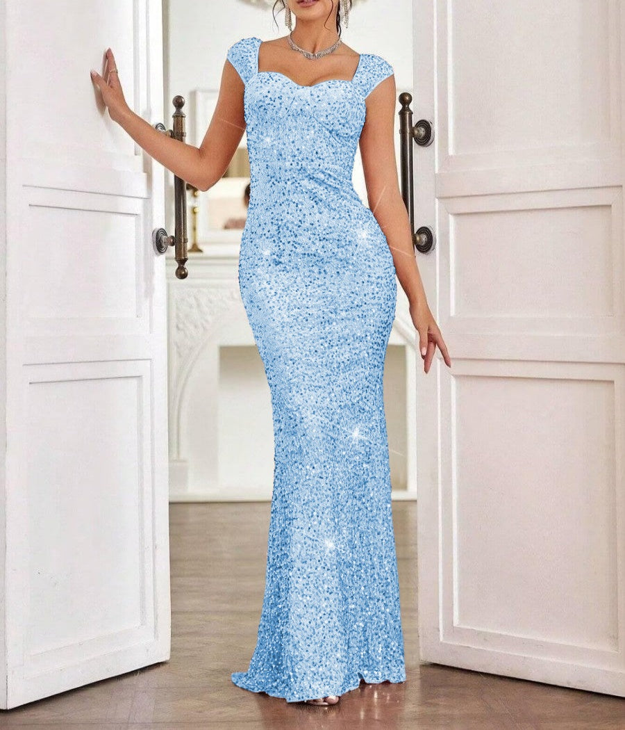 Sheath/Column Cap Sleeve Floor-Length Formal Dresses with Sparkly Sequ