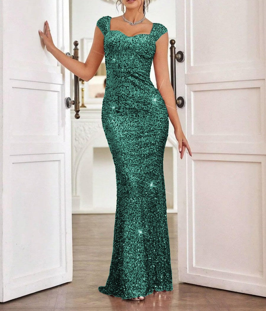 Sheath/Column Cap Sleeve Floor-Length Formal Dresses with Sparkly Sequ