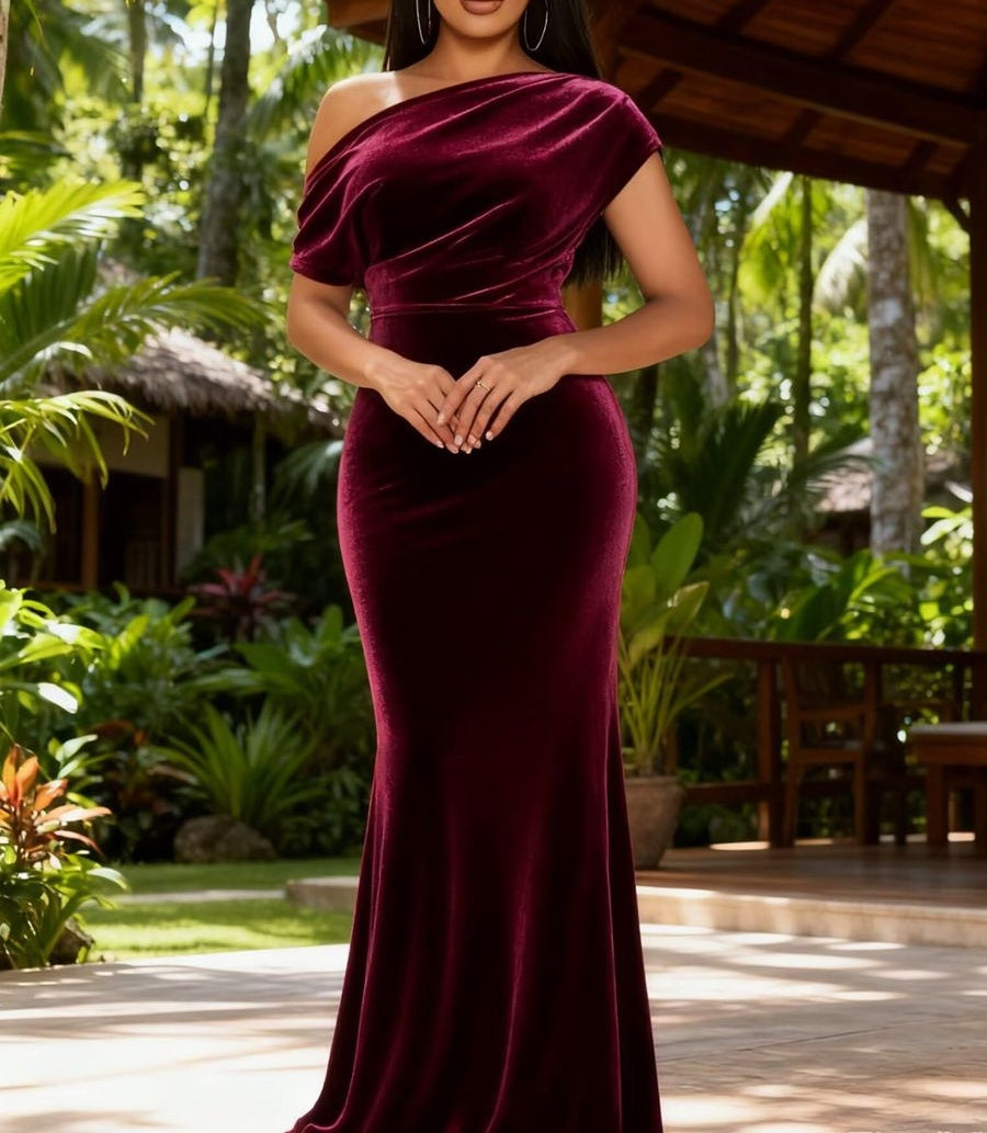 Mermaid/Trumpet Asymmetrical Ruched Velvet Floor-Length Formal Dresses