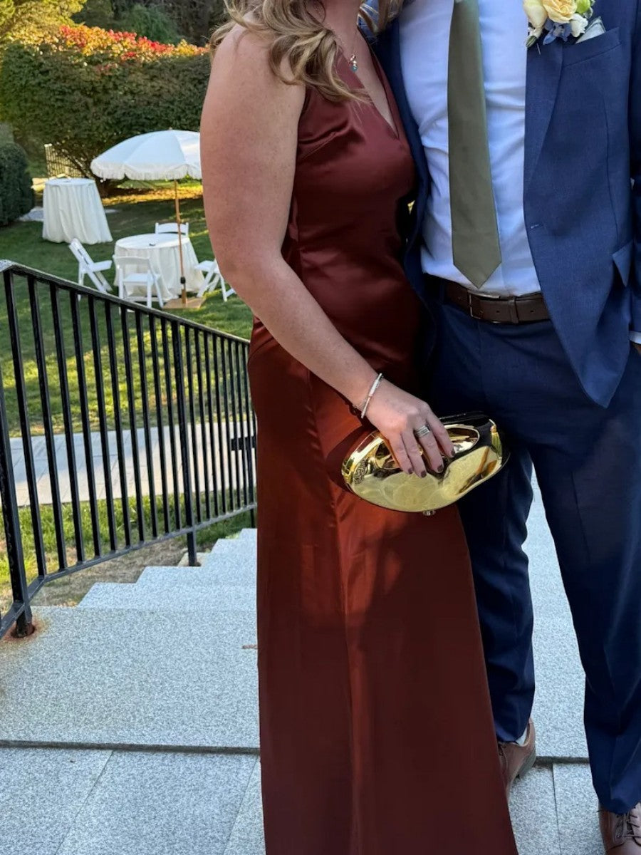 A-Line/Princess V-Neck Floor-Length Formal Wedding Guest Dresses with Satin