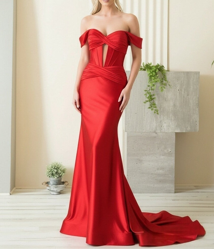 A-Line/Princess Off Shoulder  Sweetheart Satin Cut-Out Floor-Length Prom Dresses