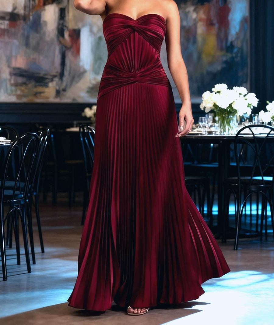 A-Line/Princess Strapless Pleated Satin Floor-Length Formal Dresses with Drop Waist