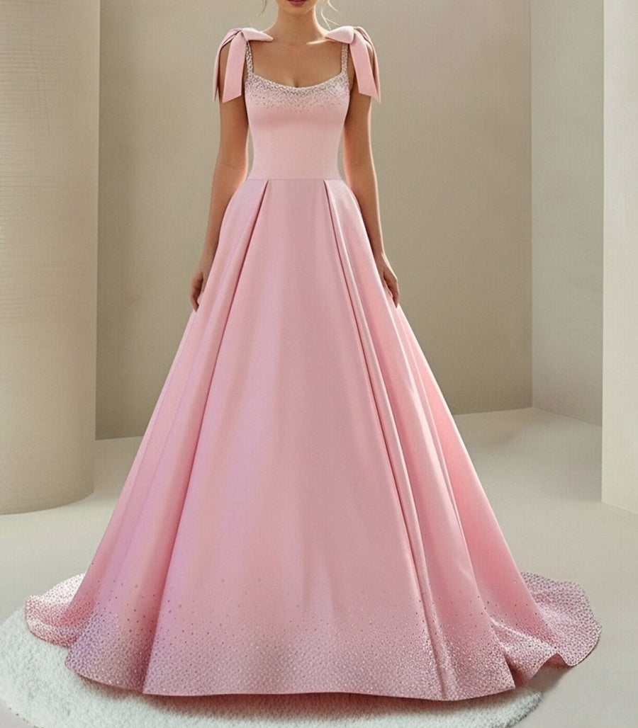 A-Line/Princess Satin Spaghetti Strap Floor-Length Prom Dresses with Bows Ball Gowns