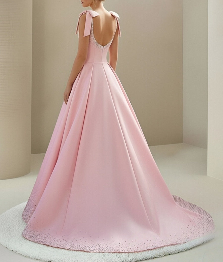 A-Line/Princess Satin Spaghetti Strap Floor-Length Prom Dresses with Bows Ball Gowns