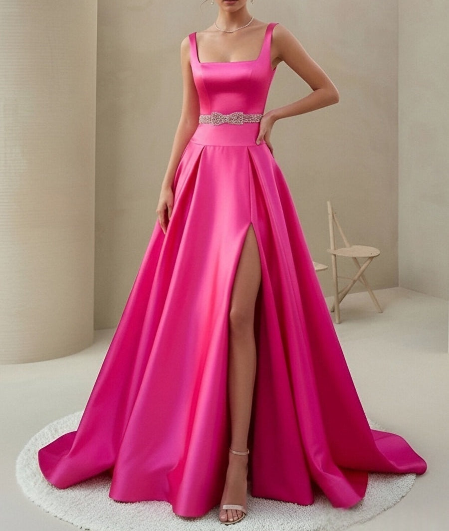 A-Line/Princess Satin Spaghetti Strap Square Neck Floor-Length Prom Dresses with Crystal Belt