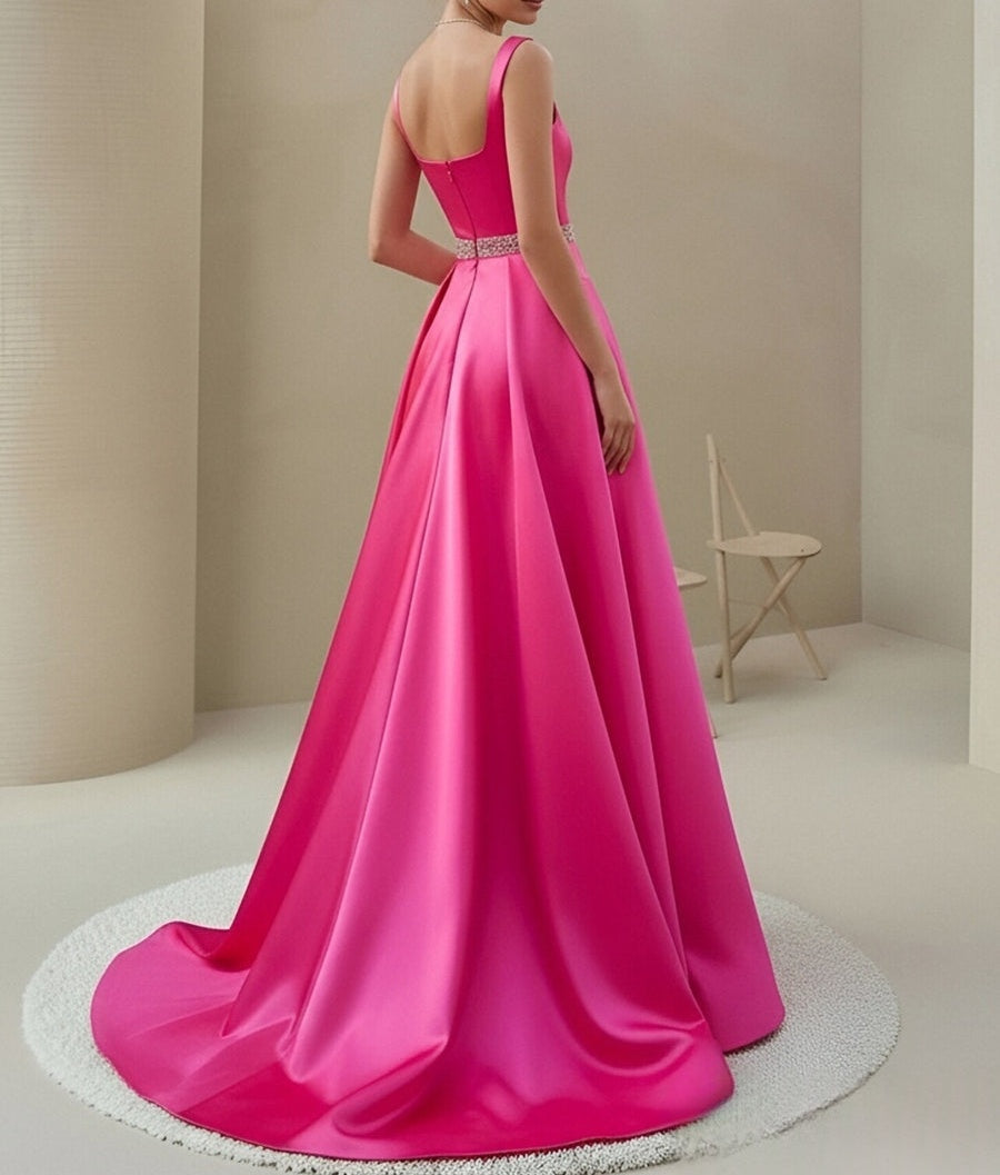 A-Line/Princess Satin Spaghetti Strap Square Neck Floor-Length Prom Dresses with Crystal Belt