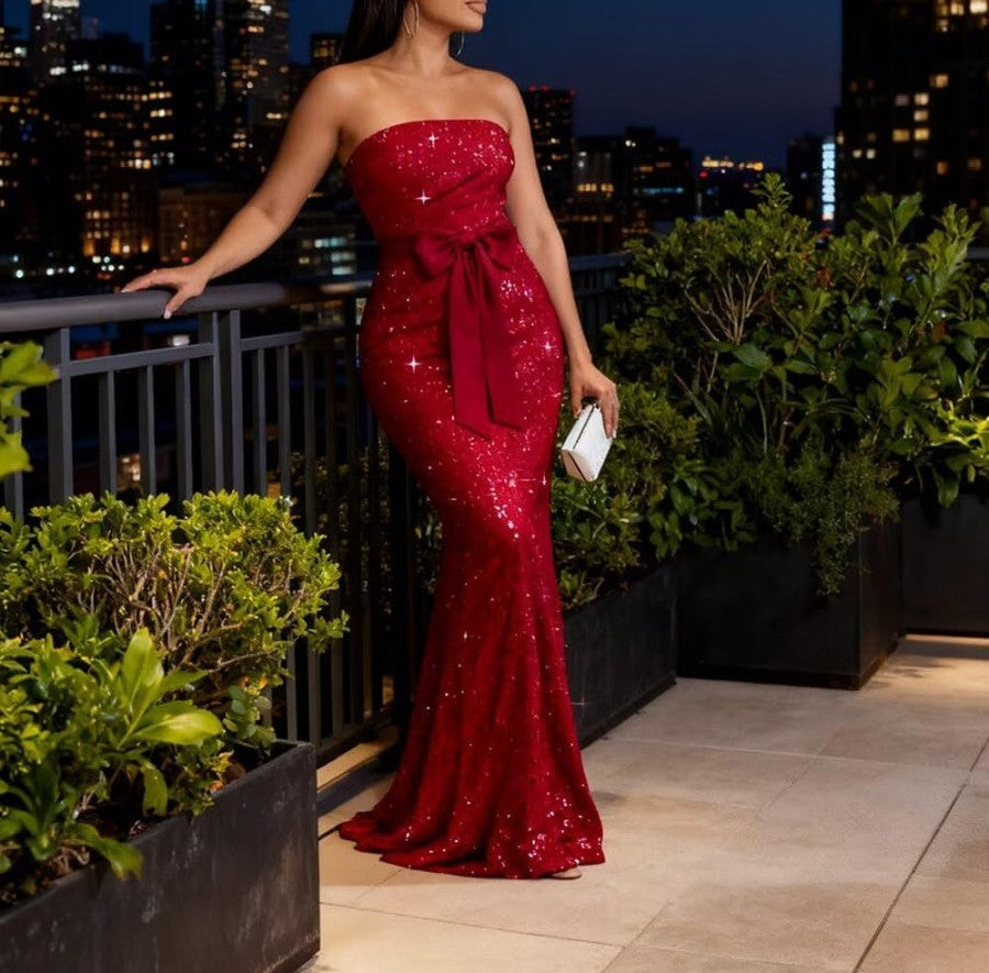 Sheath/Column Strapless Sequin Bodycon Floor-Length Formal Evening Dresses with Bow