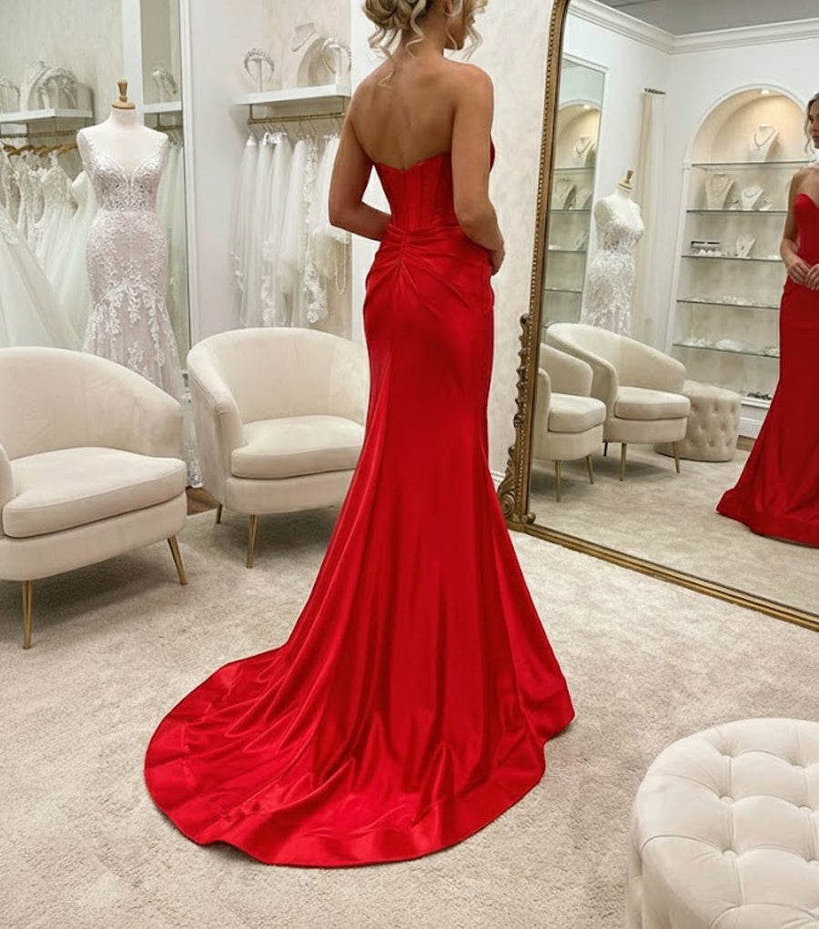 Mermaid/Trumpet Bow Waist Satin Floor-Length Wedding Guest Dresses with Ruched Slit