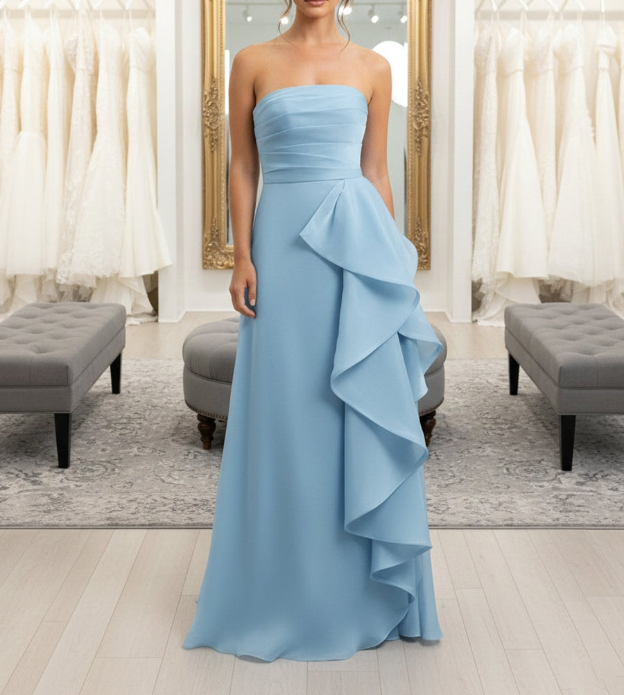 A-Line/Princess Strapless Ruched Taffeta Floor-Length Formal Dresses with Ruffle