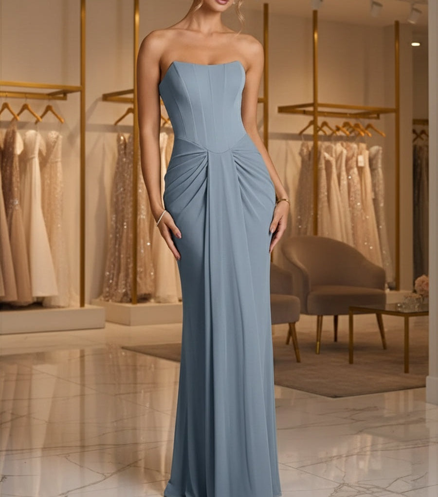 Sheath/Column Strapless Ruched Satin Floor-Length Formal Dresses