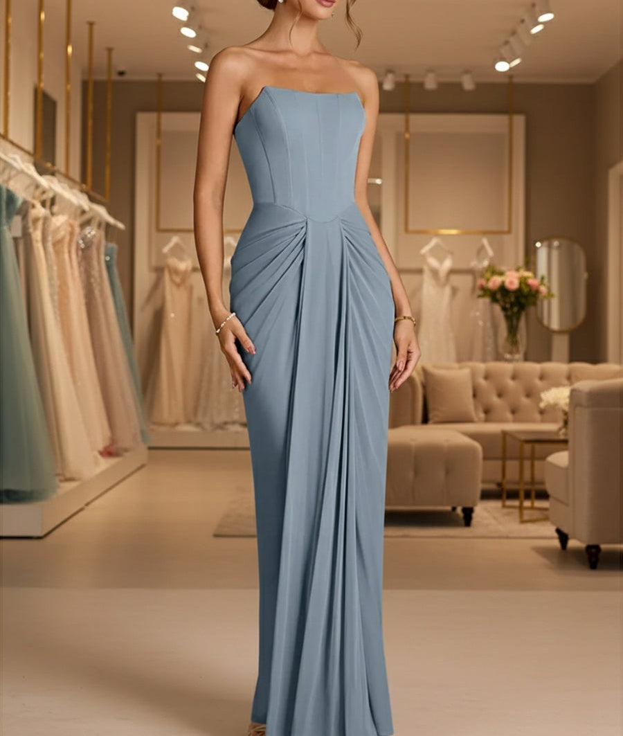 Sheath/Column Strapless Ruched Satin Floor-Length Formal Dresses