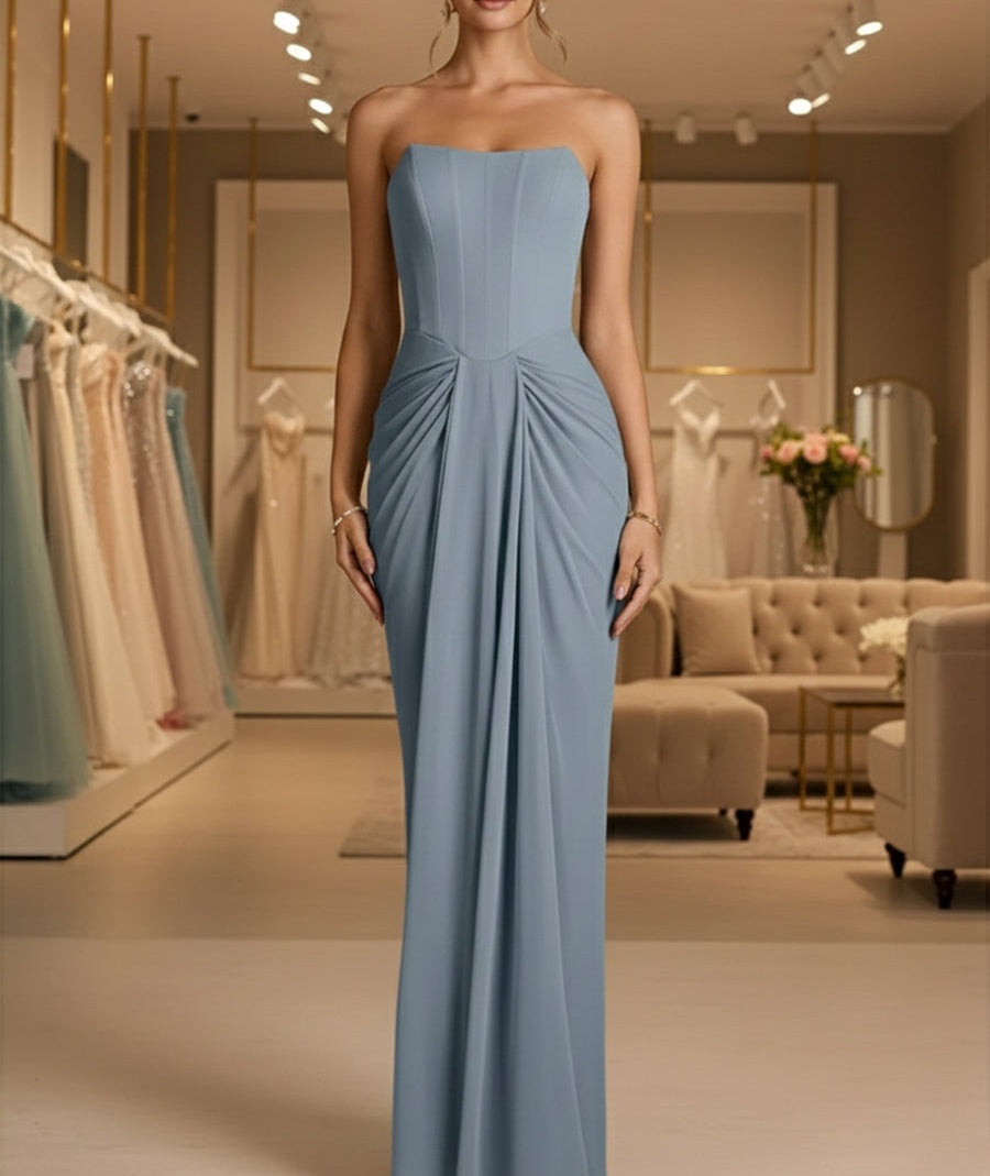 Sheath/Column Strapless Ruched Satin Floor-Length Formal Dresses
