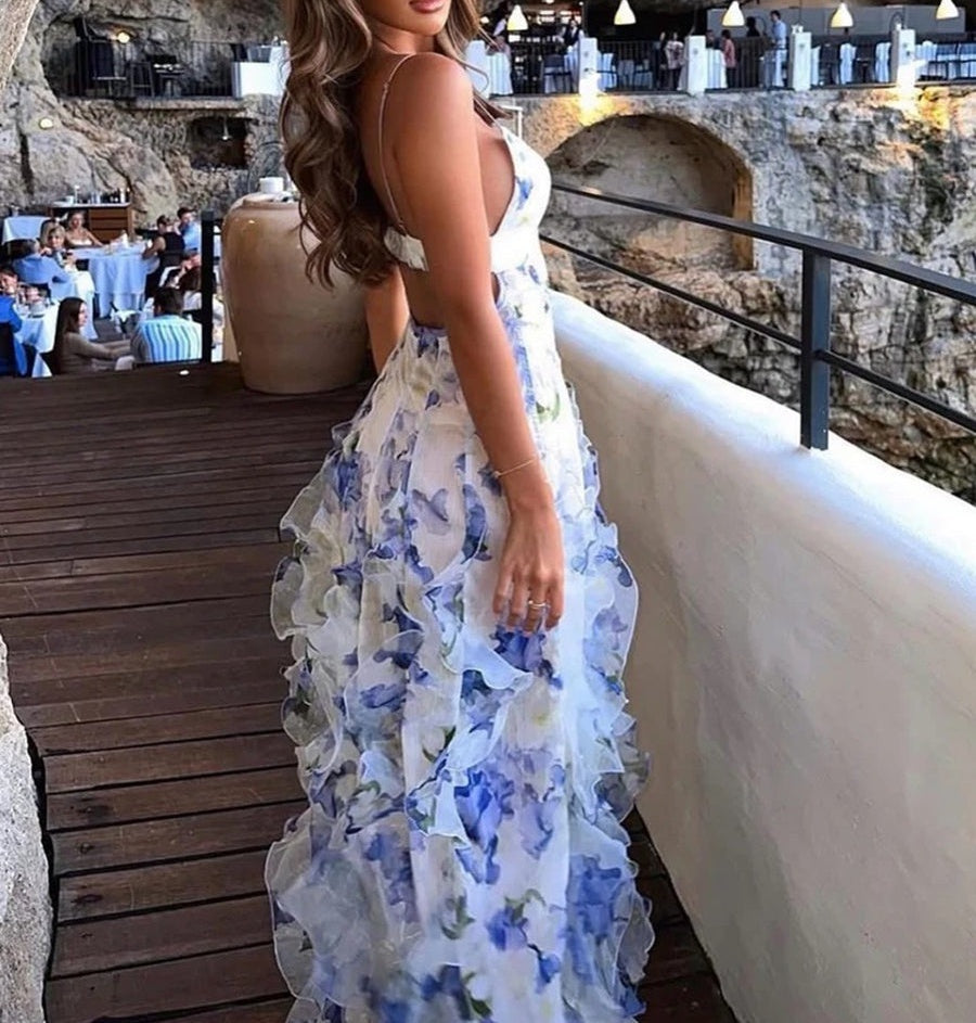 Mermaid/Trumpet Spaghetti Strap V-Neck Floral Print Floor-Length Prom Dresses with Ruffle