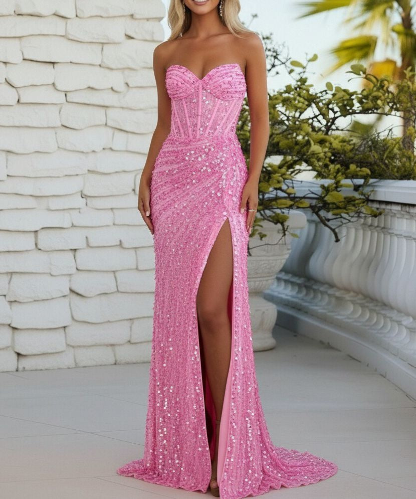 Mermaid Sweetheart Neck Strapless Split Floor Length Prom Dresses with Sparkly Sequin