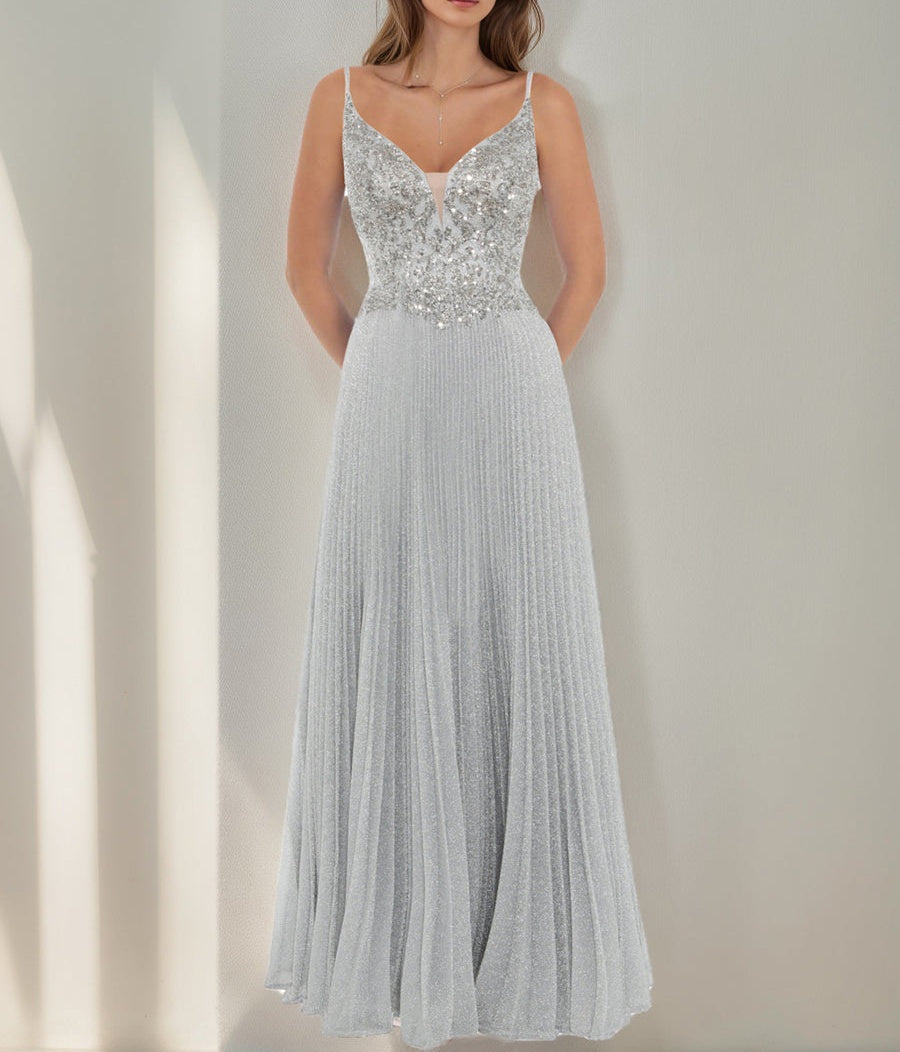 A-Line/Princess Spaghetti Straps Sequined Floor-Length Prom Dresses with Pleats