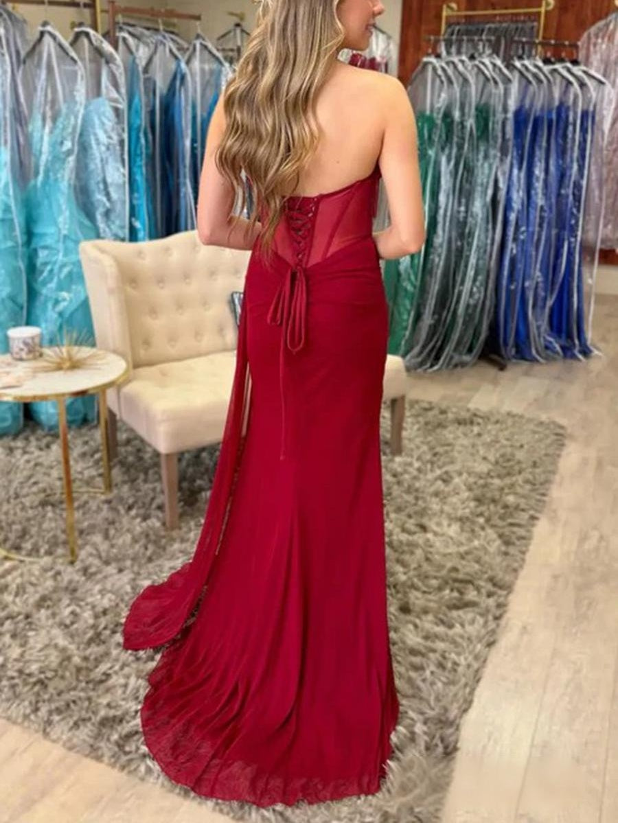 Sheath/Column Strapless Ruched Floor-Length Prom Dresses with Trail