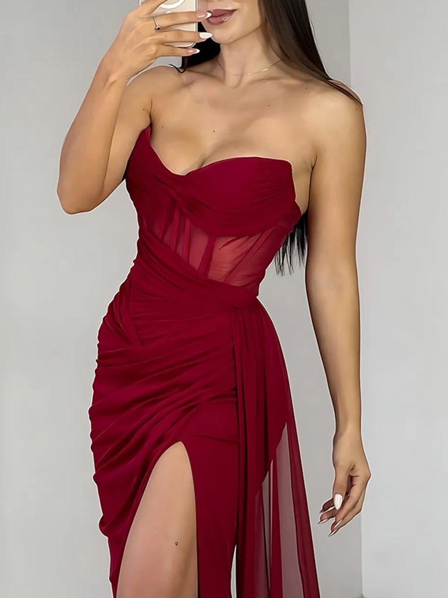 Sheath/Column Strapless Ruched Floor-Length Prom Dresses with Trail