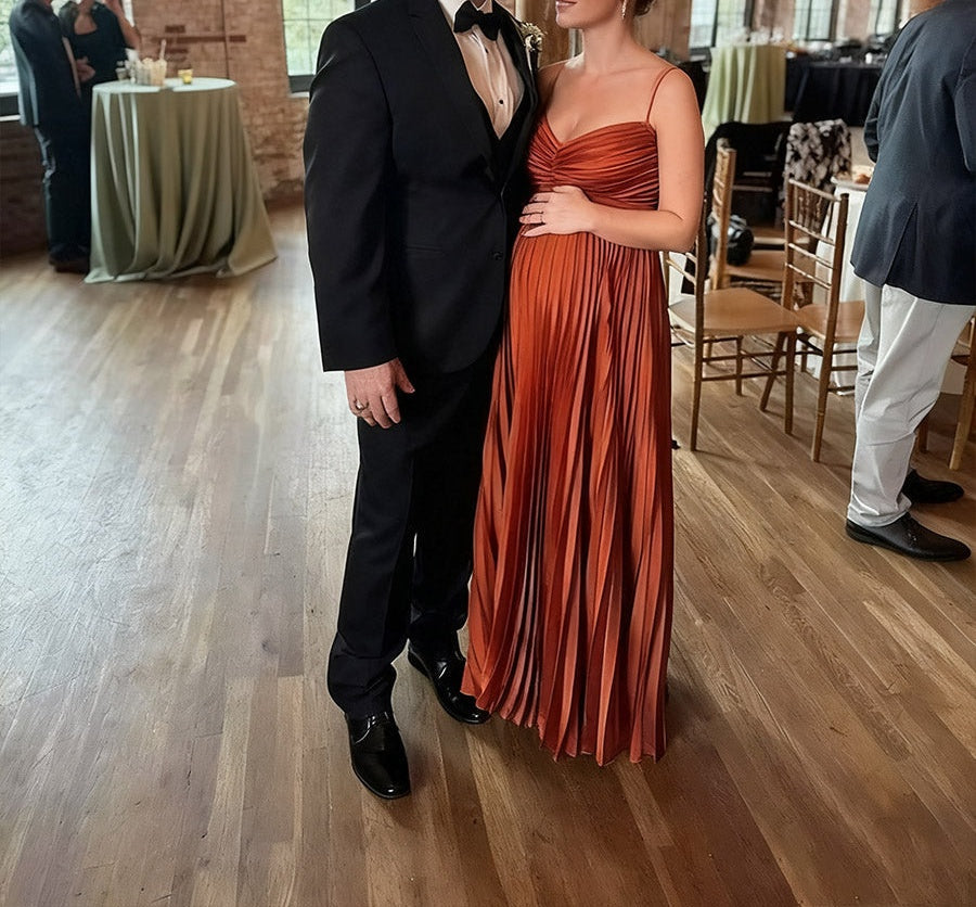 A-Line/Princess Spaghetti Strap V-Neck Pleated Satin Long Prom Dresses